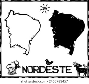 Nordeste, región del nordeste brasileño en silueta. Estilo Woodcut.