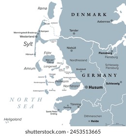 Nordfriesland, oder Nordfriesland, graue politische Landkarte. Nordlichster Bezirk Deutschlands, Teil von Schleswig-Holstein, mit der Hauptstadt Husum und den fünf großen Inseln Sylt, Foehr, Amrum, Pellworm und Nordstrand.