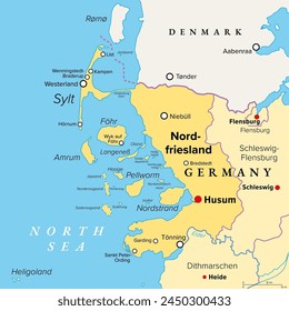 Nordfriesland, or North Frisia, political map. Northernmost district of Germany, part of Schleswig-Holstein, with capital Husum and the five large islands Sylt, Foehr, Amrum, Pellworm and Nordstrand.