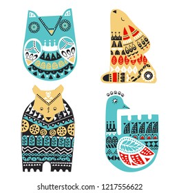 Nordic animals owl, hare, bear, swan in Scandinavian style