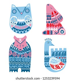 Nordic animals owl, hare, bear, swan in Scandinavian style