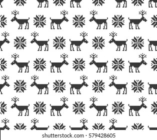 Nordic background with deers. Cross stitch. Scheme of knitting and embroidery. Vector seamless pattern.