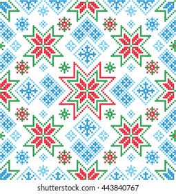 Nordic background. Vector seamless pattern. Cross stitch. Scheme of knitting and embroidery.