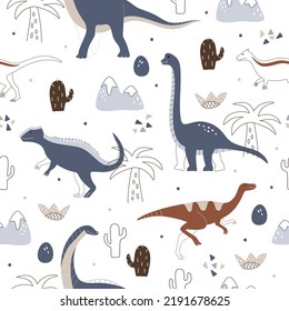 Patrón nórdico sin costura con lindos dinosaurios y palmeras. Ilustración vectorial para tela, fondo de pantalla e impresión.