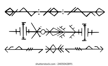 Nordic celtic runes header divider, set norse protection symbols in doodle style, amulet, witchcraft signs on white background.