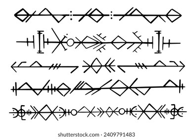 Nordic celtic runes header divider, set norse protection symbols in doodle style, amulet, witchcraft signs on white background.