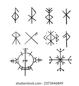 Nordic celtic runes, set norse protection symbols in doodle style, amulet, witchcraft signs on white background.