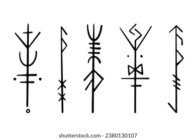 Nordic celtic runes, set norse protection symbols in doodle style, amulet, witchcraft signs on white background.