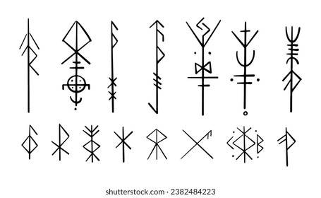 Nordic celtic runes, set norse protection symbols in doodle style, amulet, witchcraft signs on white background.