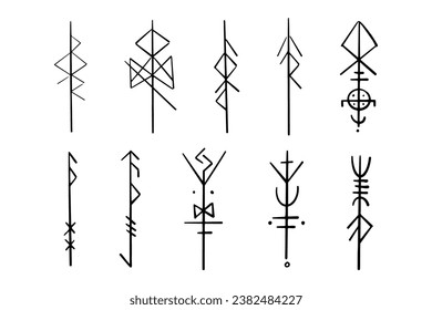 Nordic celtic runes, set norse protection symbols in doodle style, amulet, witchcraft signs on white background.