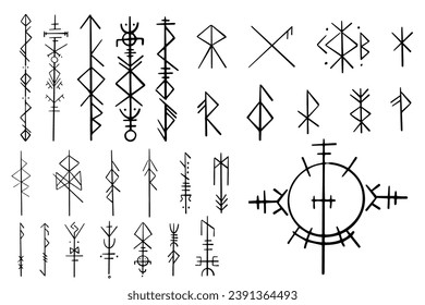 Nordic celtic runes, set norse protection symbols in doodle style, amulet, witchcraft signs on white background.