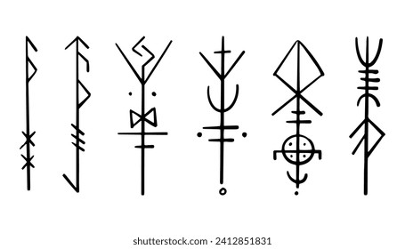 Nordic celtic runes, set norse protection symbols in doodle style, amulet, witchcraft signs on white background.