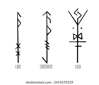 Nordic celtic runes, set norse protection symbols in doodle style, amulet, witchcraft signs on white background.