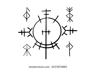 Nordic celtic runes, set norse protection symbols in doodle style, amulet, witchcraft signs on white background.