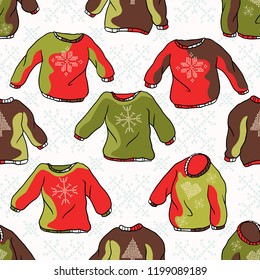 Nordic Christmas Jumper  Seamless Vector Pattern. Hand Drawn Embroidered Ugly Sweater Illustration for Winter Fashion Prints, Festive Gift Wrap, Trendy Craft Packaging or Fun Party Decor Retro Style.