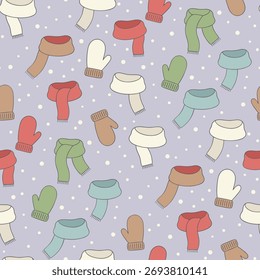 Nordic Christmas Pattern Vector. Seamless Pattern Cozy Background with Mittens , Scarves and Snow. Winter Holiday decoration