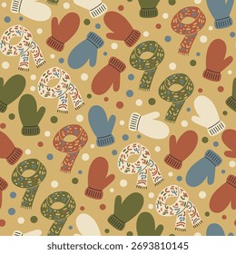Nordic Christmas Pattern Vetor. Padrão sem emenda Fundo acolhedor com luvas, lenços e neve. Decoração de férias de inverno