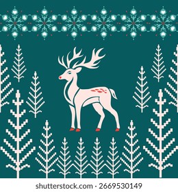 Patrón nórdico de Navidades sin fisuras con adornos geométricos de pixel art en rojo y verde, perfecto para fondos festivos, decoraciones navideñas y proyectos de diseño invernal.