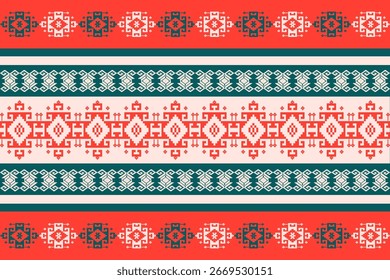 Nordic Christmas nahtloses Muster mit geometrischen Pixelkunstschmuck in Rot und Grün, perfekt für festliche Hintergründe, Feriendekorationen und Winterdesign-Projekte.
