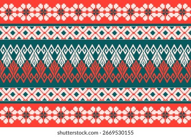 Padrão nórdico sem costura Natal com enfeites geométricos pixel art em vermelho e verde, perfeito para fundos festivos, decorações de férias e projetos de design de inverno.