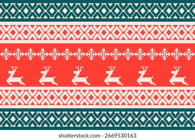 Padrão nórdico sem costura Natal com enfeites geométricos pixel art em vermelho e verde, perfeito para fundos festivos, decorações de férias e projetos de design de inverno.