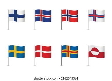 Nordic Council countries and territories flags. Finland, Iceland, Norway, Faroe Islands, Sweden, Denmark,  Aland Islands, and Greenland. Vector icon set. 