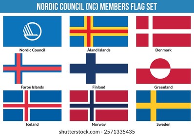 Nordic Council, NC Members Flag Set Vector Illustration