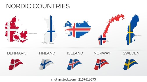 Nordic countries flags set. Various designs. Map and capital city. Template for independence day. Collection of national symbols. Iceland, Sweden, Finland, Norway, Denmark. Scandinavia