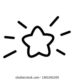 Nordic cute little star with joyful shiny lines around. Simple minimalist icon, black strokes, rounded shapes. Childish object for baby nursery, bedtime night themed. Vector monochrome magic design.