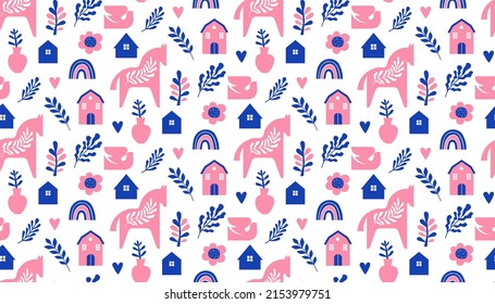 Nordic Dala horses and floral elements seamless pattern 