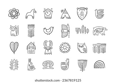 Nordic Design elements. Forest folk Animals and nature. Icons set