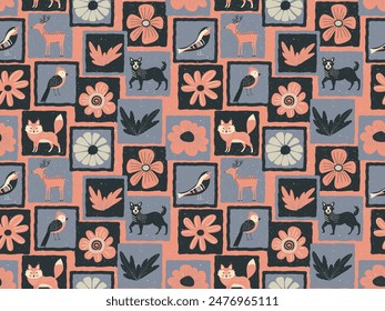 Nordic Doodle Seamless Pattern Scandinavian folk style design with animal and flower. Hand Drawn style element and grunge texture background.