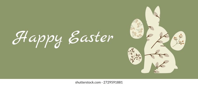 Nordic Easter Greeting Card with Bunny, Decorated Eggs and Botanical Elements, Scandinavian Style