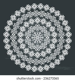 Nordic ethnic border round pattern in white color on chalkboard background. Vector illustration. Could be used for christmas decorations, greeting cards, holiday marketing web-designs, etc. 