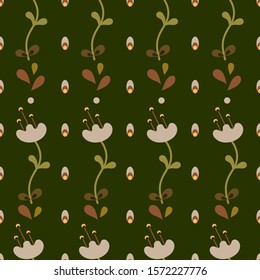 Nordic ethnic floral  pattern with abstract flowers on the green background. In Scandinavian style. For textiles, wallpapers, designer paper, etc

