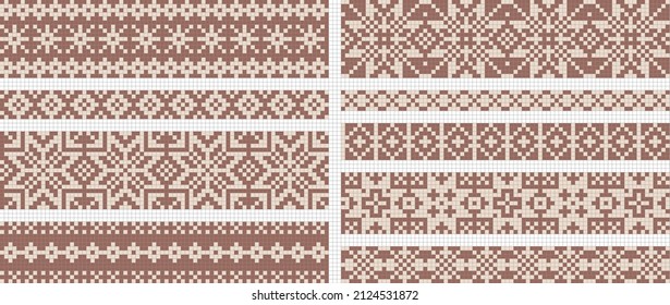 Nordic Fair Isle knitting seamless pattern set, traditional scandinavian knitted borders, vector geometric ornamental background