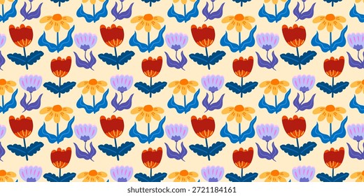 Patrón nórdico floral sin fisuras que combina hojas y flores en un diseño equilibrado. Funciona bien para textiles, empaques y diseño de superficies contemporáneo.