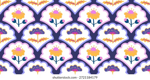 Patrón nórdico floral sin fisuras que combina hojas y flores en un diseño equilibrado. Funciona bien para textiles, empaques y diseño de superficies contemporáneo.