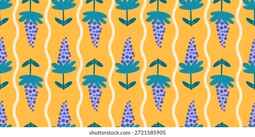 Patrón nórdico floral sin fisuras que combina hojas y flores en un diseño equilibrado. Funciona bien para textiles, empaques y diseño de superficies contemporáneo.