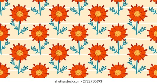 Nordic floral nahtloses Muster, das Blätter und Blüten in einem ausgewogenen Layout kombiniert. Funktioniert gut für Textilien, Verpackungen und zeitgenössisches Oberflächendesign.