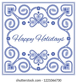 Nordic folk art Christmas card vector template. Happy holidays. Scandinavian style, blue and white colors. Design for banner, poster, greeting card, gift tags, label or background.