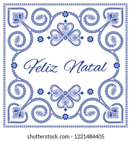 Nordic folk art season card vector template. Feliz Natal - Merry Christmas in Portuguese. Folklore embroidery style, blue and white colors. Design for banner, greeting card, gift tags or background. 