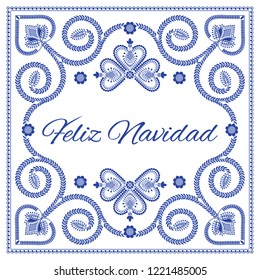 Nordic folk art season card vector template. Feliz Navidad - Merry Christmas in spanish. Folklore style, blue and white colors. Design for banner, poster, greeting card, gift tags or background.