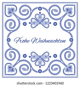 Nordic folk art season card vector template. Frohe Weihnachten - Merry Christmas in German. Rural craft style, blue and white colors. Design for banner, poster, greeting card, gift tag or background.