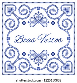 Nordic folk art season card vector template. Boas Festos – Happy Holidays in Portuguese language. Folklore embroidery style background design in blue and white colors.