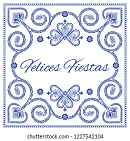 Nordic folk art season card vector template. Felices Fiestas – Happy Holidays in Spanish. Folklore style design background in blue and white colors.