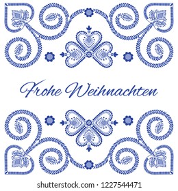 Nordic folk art season card vector template. Frohe Weihnachten - Merry Christmas in German language. Blue and white folklore ornaments style background design in blue and white colors.