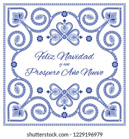 Nordic folk art season card vector template. Feliz Navidad y un Prospero Ano Nuevo - Merry Christmas and Happy New Year in Spanish. Folklore style design background in blue and white colors.