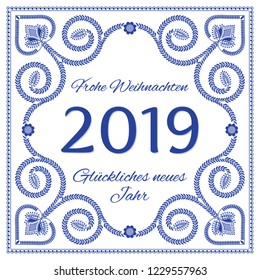 Nordic folk art season card vector template. Frohe Weihnachten und Gluckliches neues Jahr 2019 - Merry Christmas and Happy New Year in German language. Folklore style design, blue and white colors.