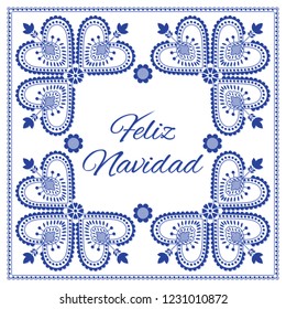 Nordic folk art season card vector template. Feliz Navidad - Merry Christmas in Spanish. Folklore style design background in blue and white colors for banner, greeting, party invitation, poster. 